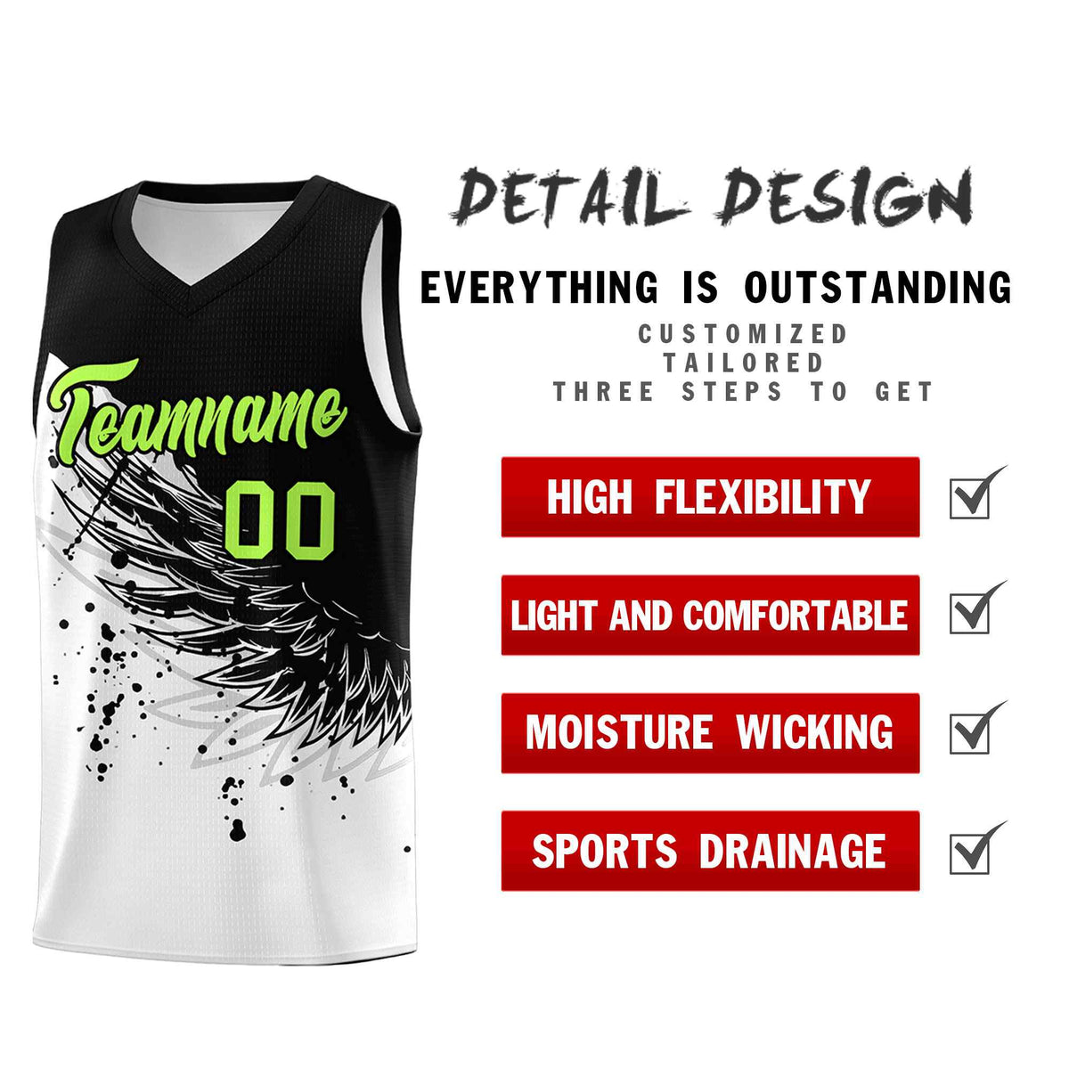 Custom White Black Wing Pattern Sports Uniform Basketball Jersey