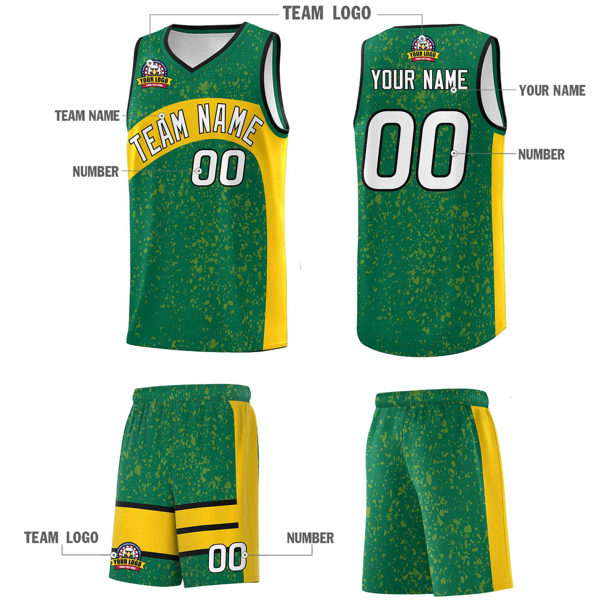 Custom Kelly Green Gold Dot Graffiti Pattern Irregular Team Names Sports Uniform Basketball Jersey