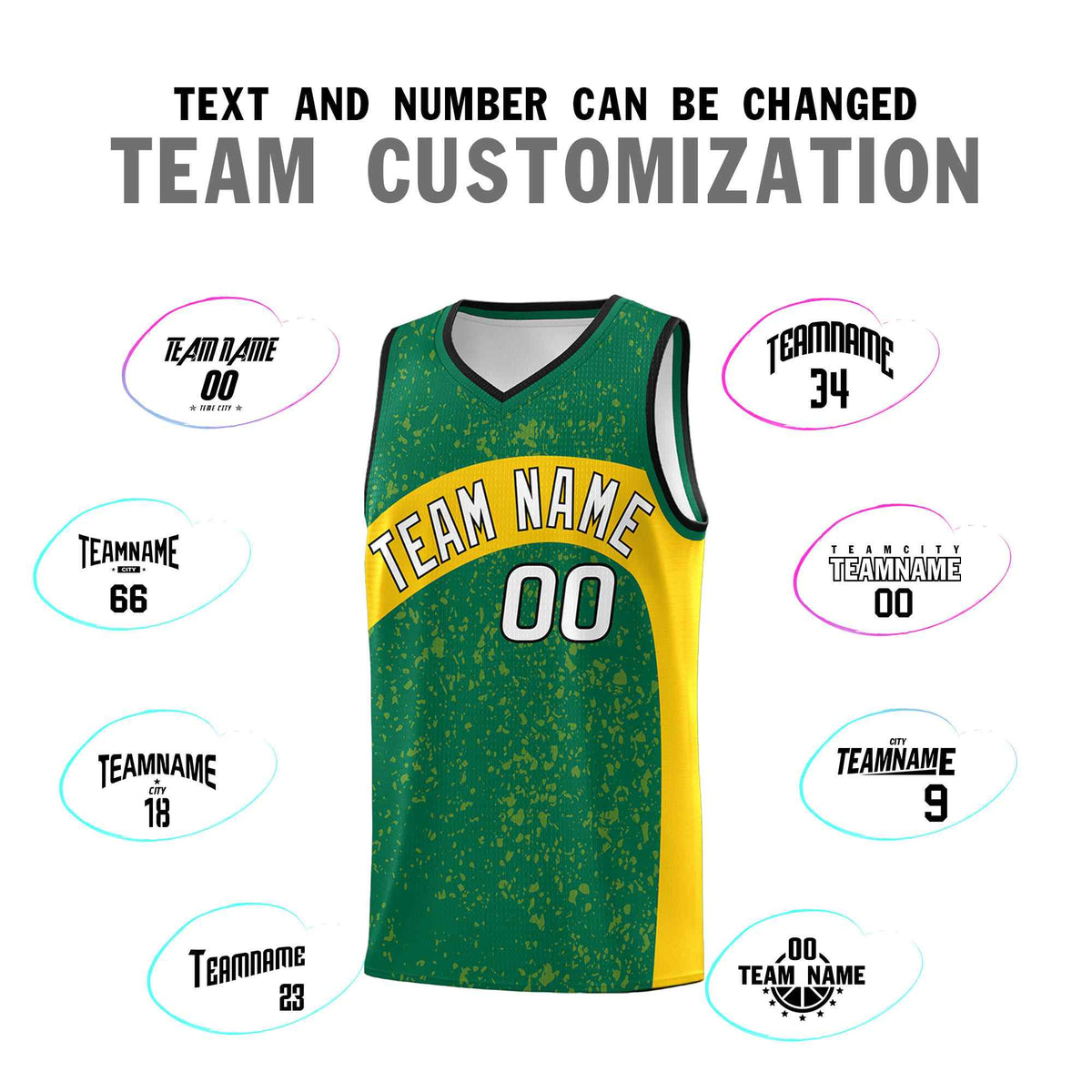 Custom Kelly Green Gold Dot Graffiti Pattern Irregular Team Names Sports Uniform Basketball Jersey
