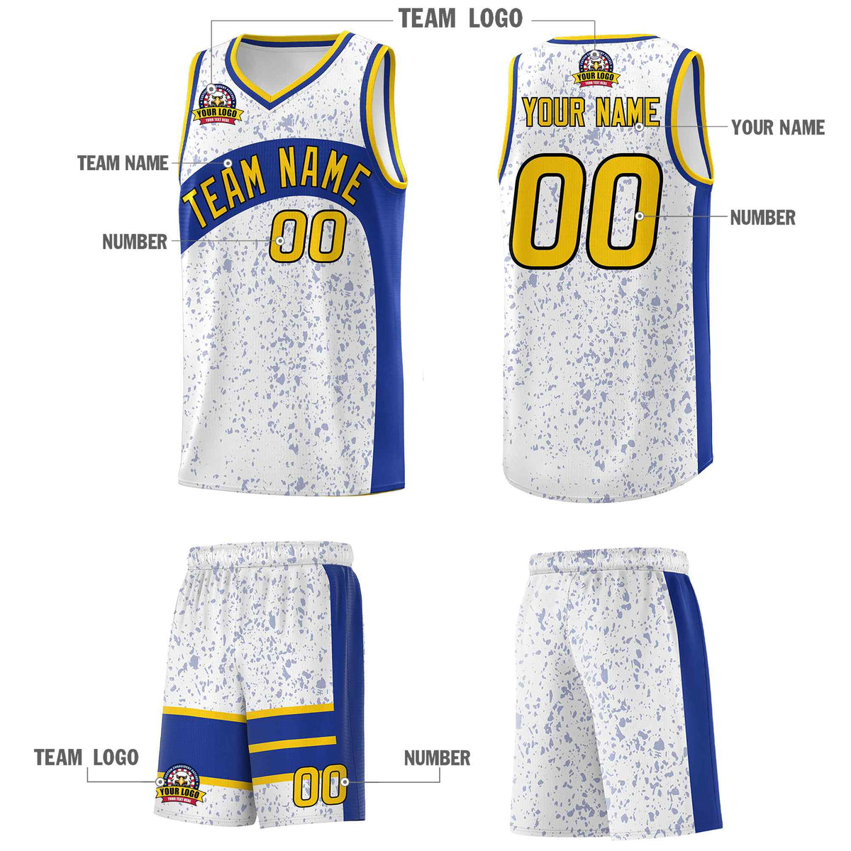 Custom White Royal Dot Graffiti Pattern Irregular Team Names Sports Uniform Basketball Jersey