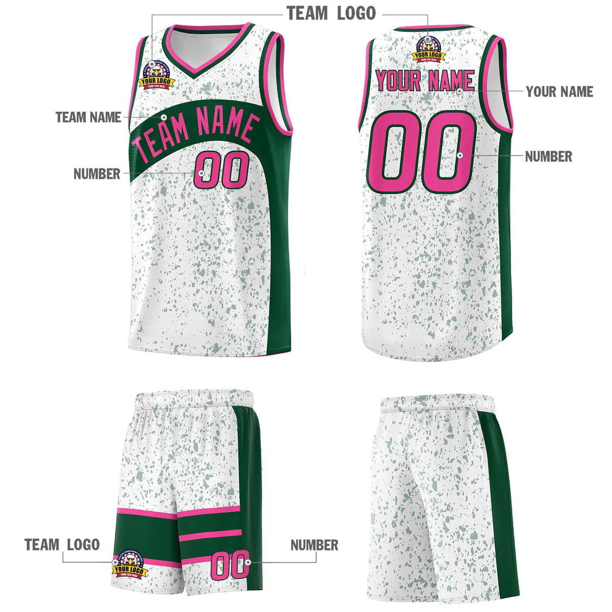 Custom White Green Dot Graffiti Pattern Irregular Team Names Sports Uniform Basketball Jersey