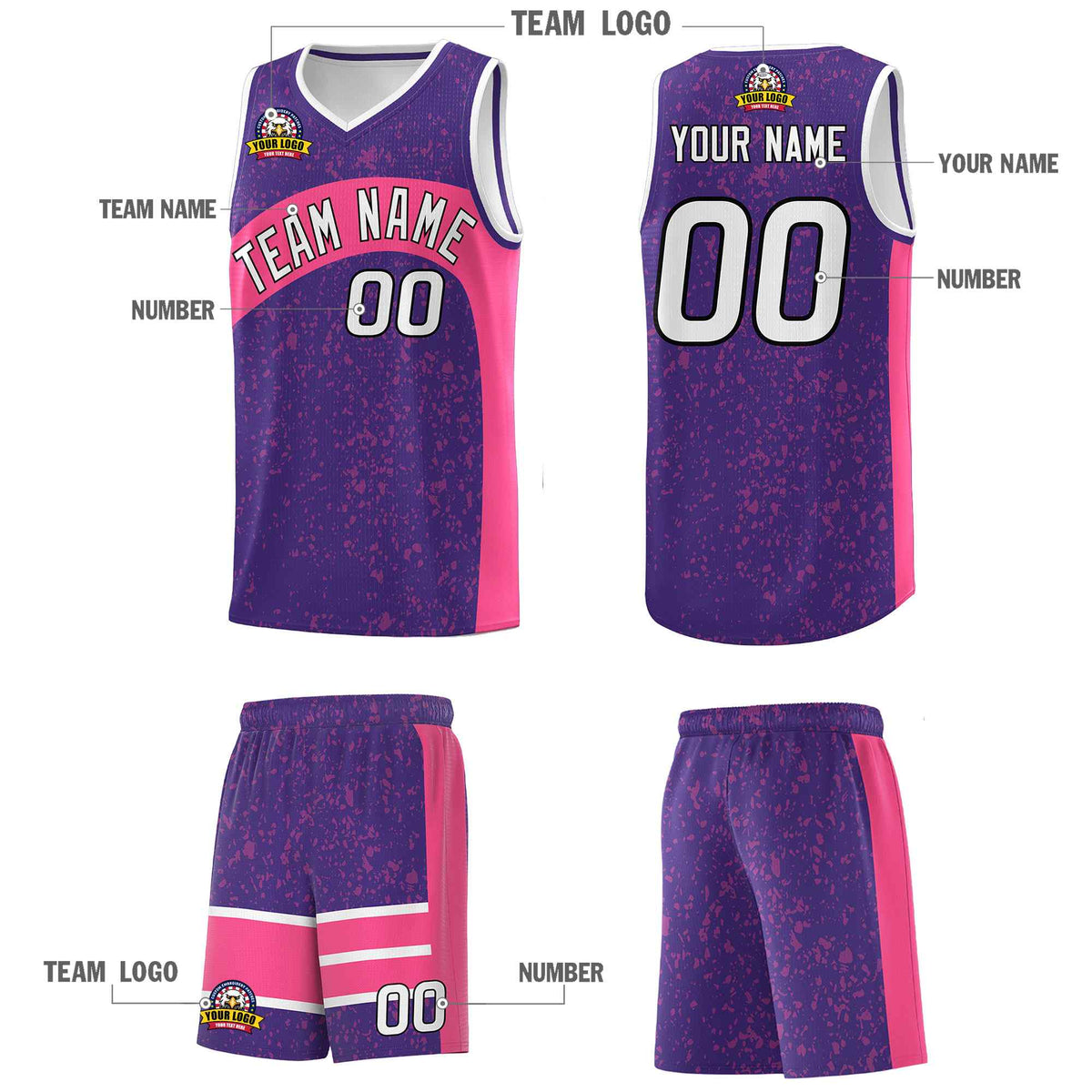 Custom Purple Pink Dot Graffiti Pattern Irregular Team Names Sports Uniform Basketball Jersey