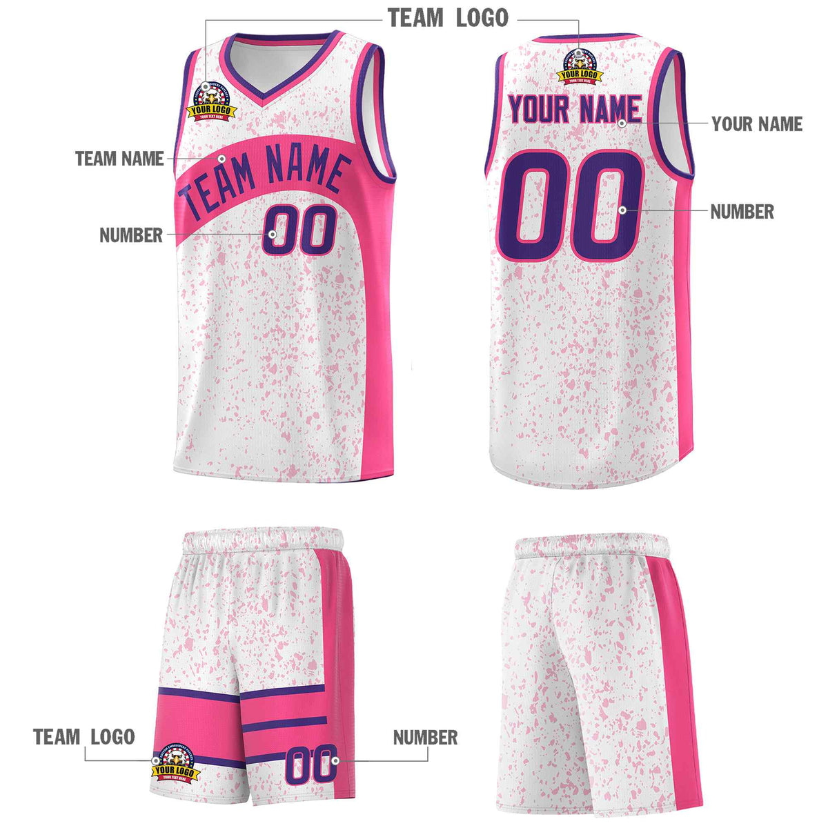 Custom White Pink Dot Graffiti Pattern Irregular Team Names Sports Uniform Basketball Jersey