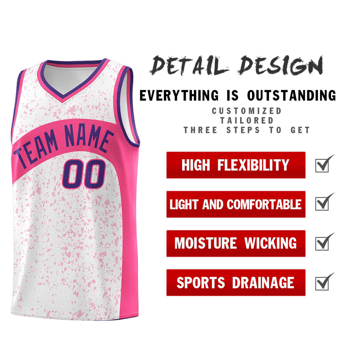 Custom White Pink Dot Graffiti Pattern Irregular Team Names Sports Uniform Basketball Jersey