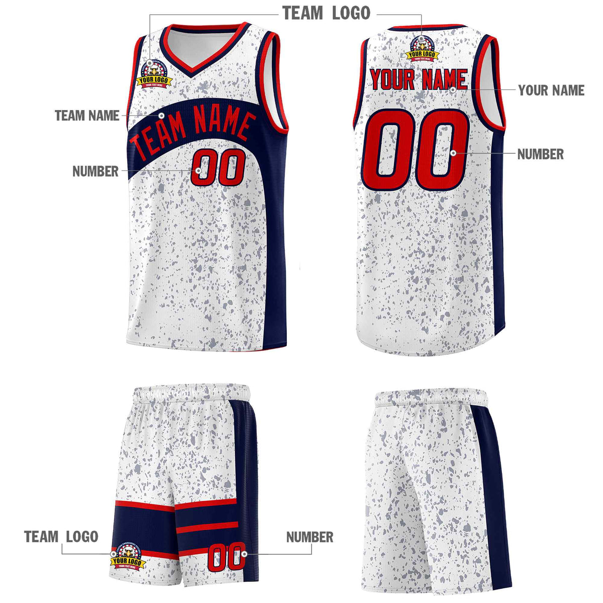 Custom White Navy Dot Graffiti Pattern Irregular Team Names Sports Uniform Basketball Jersey
