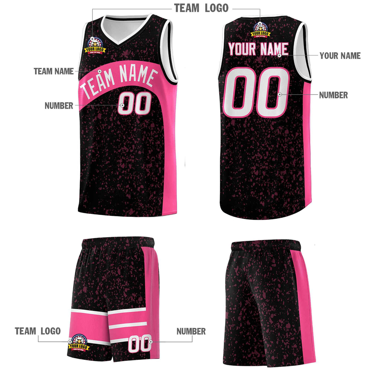Custom Black Pink Dot Graffiti Pattern Irregular Team Names Sports Uniform Basketball Jersey