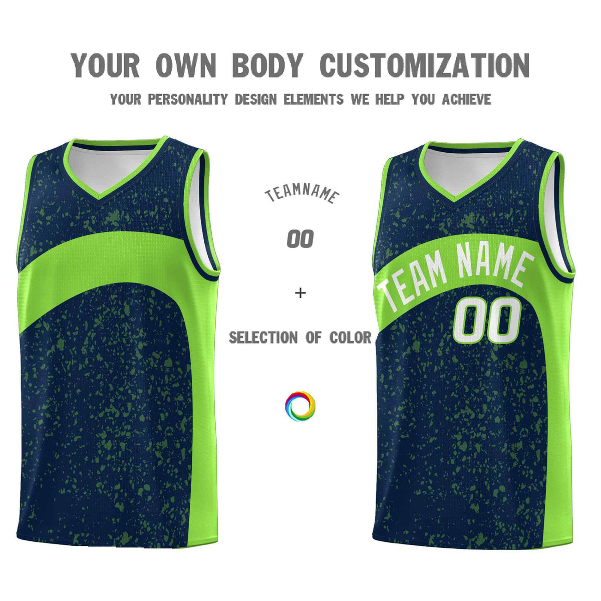 Custom Navy Fluorescent Green Dot Graffiti Pattern Irregular Team Names Sports Uniform Basketball Jersey