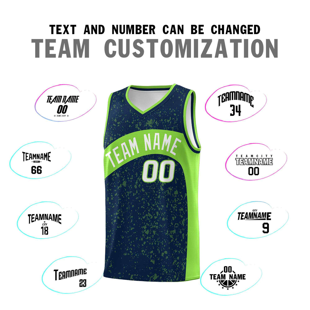 Custom Navy Fluorescent Green Dot Graffiti Pattern Irregular Team Names Sports Uniform Basketball Jersey