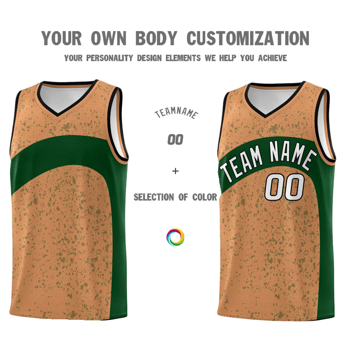 Custom Buckskin Brown Green Dot Graffiti Pattern Irregular Team Names Sports Uniform Basketball Jersey