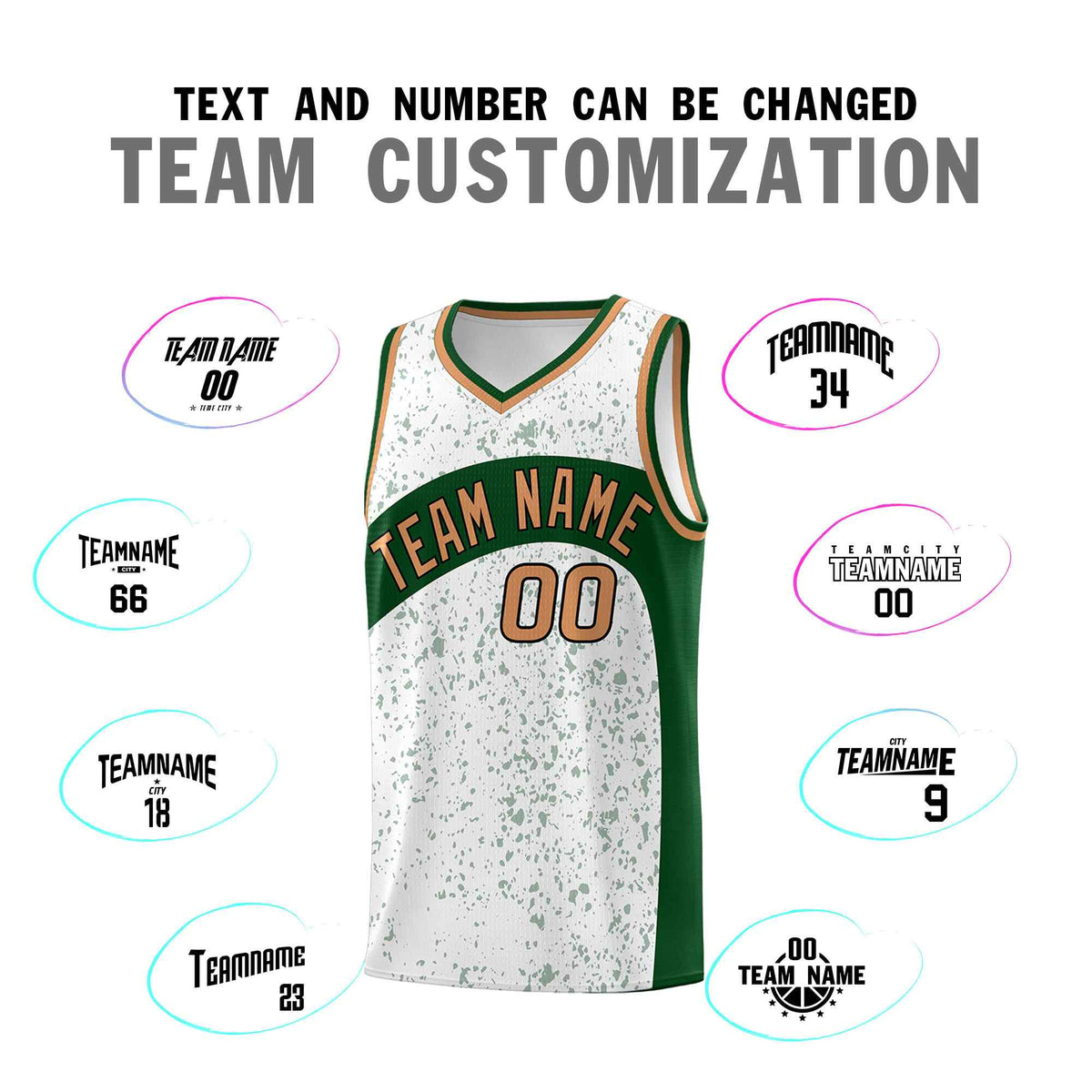 Custom White Green Dot Graffiti Pattern Irregular Team Names Sports Uniform Basketball Jersey