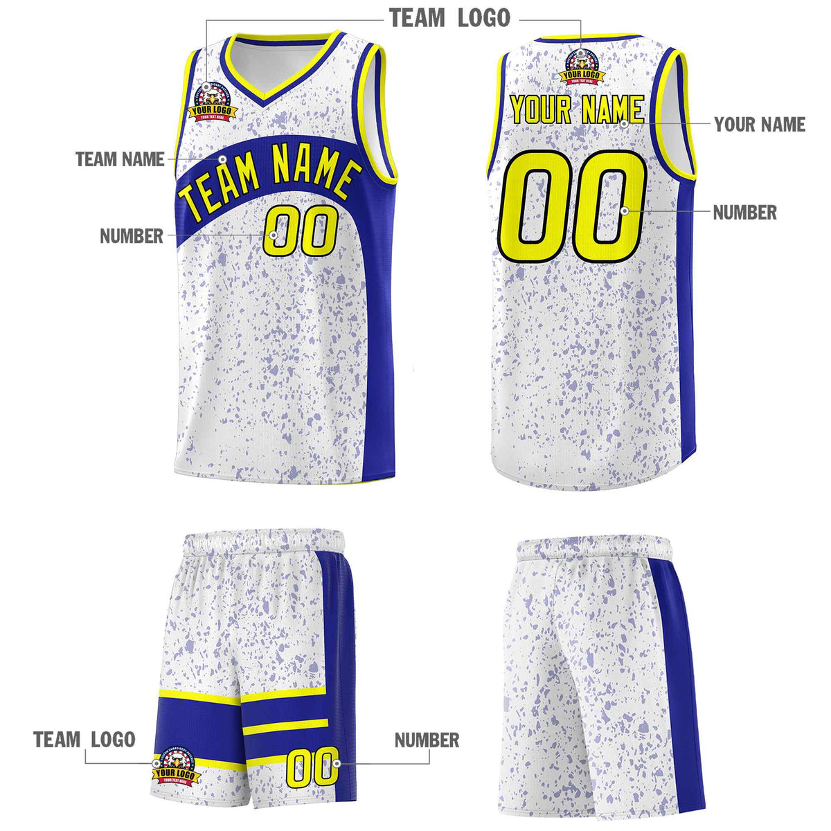 Custom White Royal Dot Graffiti Pattern Irregular Team Names Sports Uniform Basketball Jersey