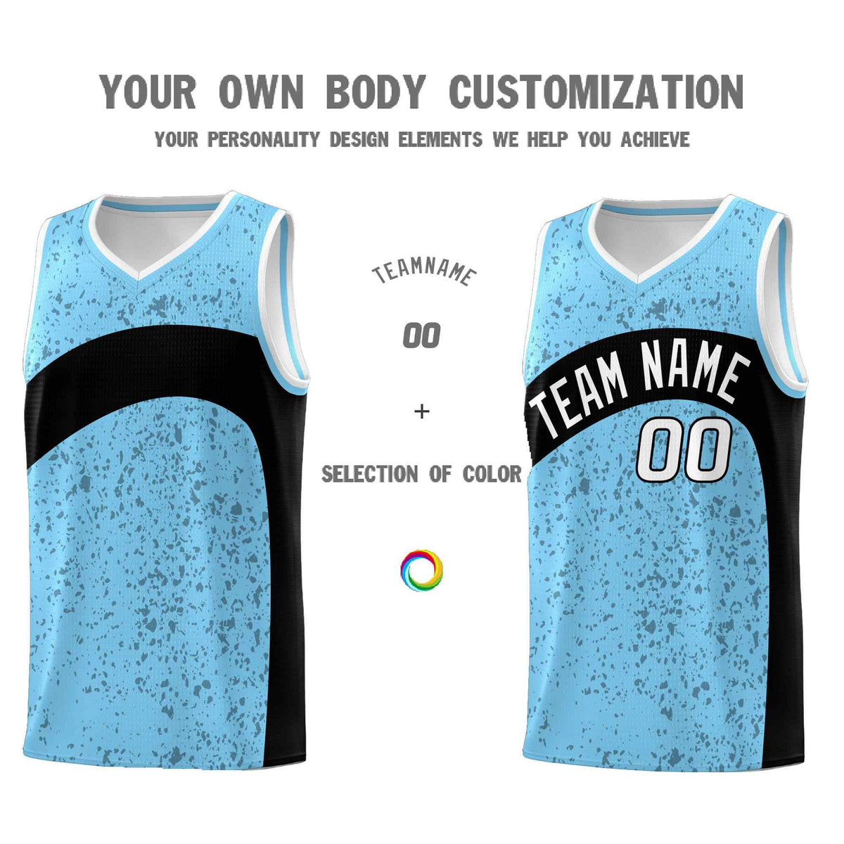 Custom Light Blue Black Dot Graffiti Pattern Irregular Team Names Sports Uniform Basketball Jersey
