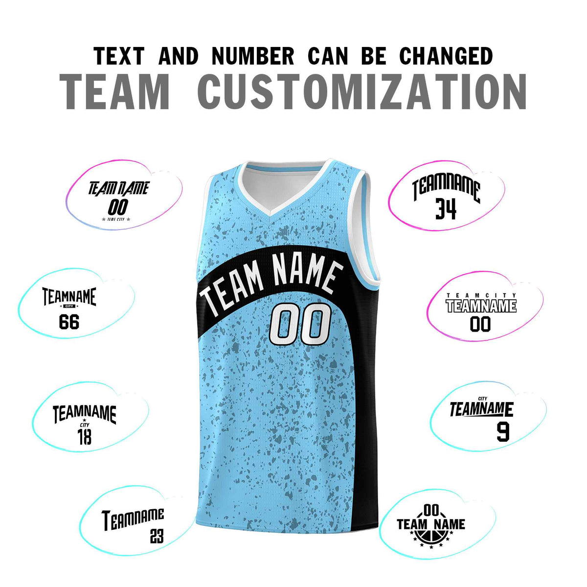 Custom Light Blue Black Dot Graffiti Pattern Irregular Team Names Sports Uniform Basketball Jersey