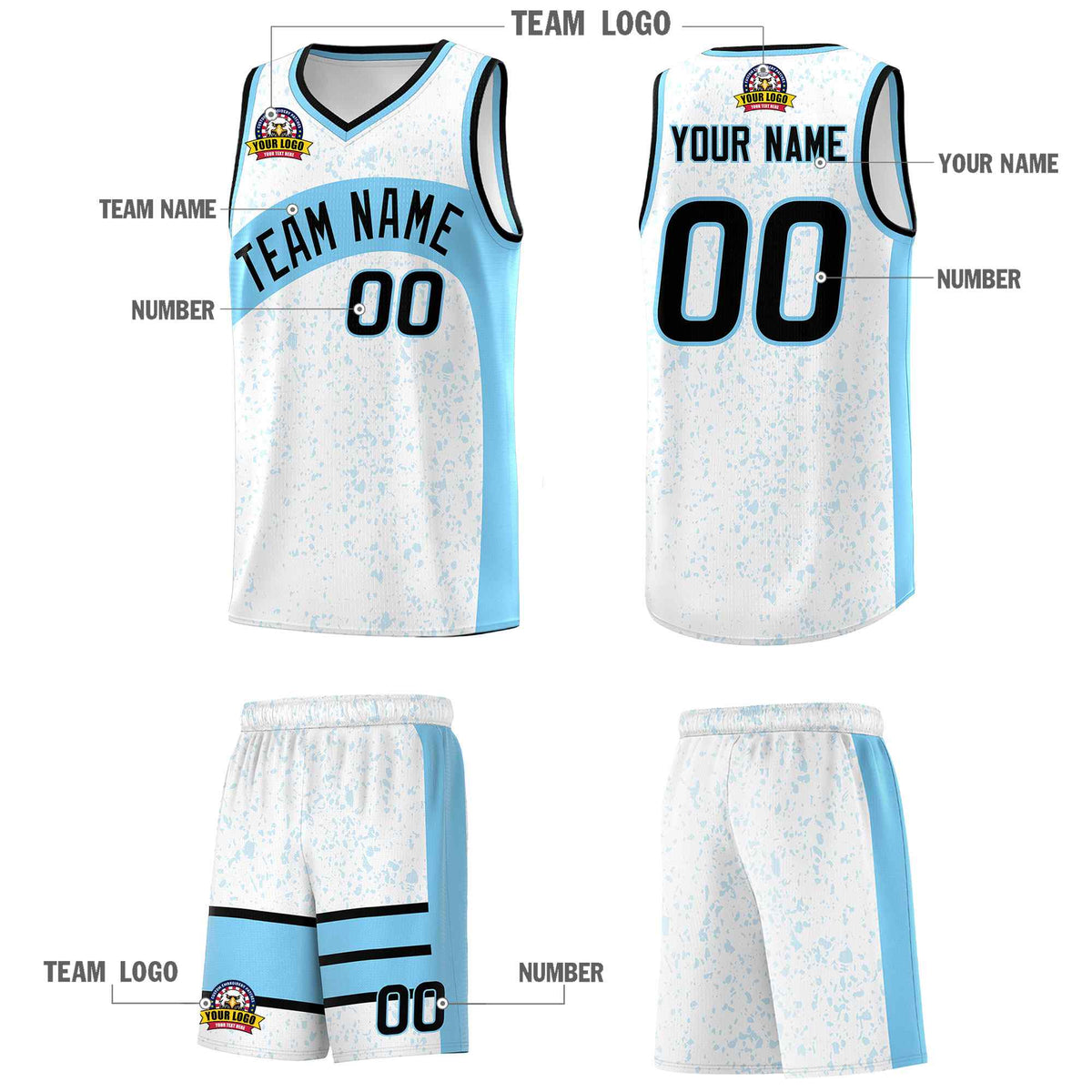 Custom White Light Blue Dot Graffiti Pattern Irregular Team Names Sports Uniform Basketball Jersey