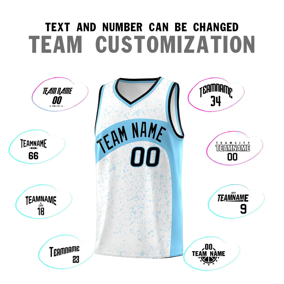 Custom White Light Blue Dot Graffiti Pattern Irregular Team Names Sports Uniform Basketball Jersey