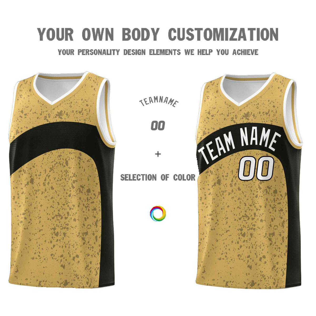 Custom Old Gold Black Dot Graffiti Pattern Irregular Team Names Sports Uniform Basketball Jersey