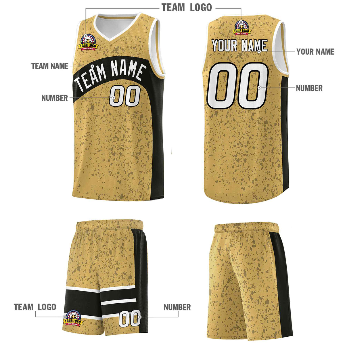 Custom Old Gold Black Dot Graffiti Pattern Irregular Team Names Sports Uniform Basketball Jersey