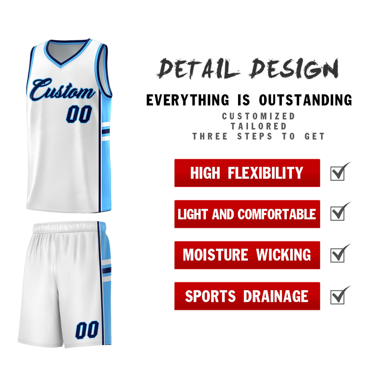 Custom Youth Basketball Jersey - White Powder Blue Two-Tone Varsity Jersey Set