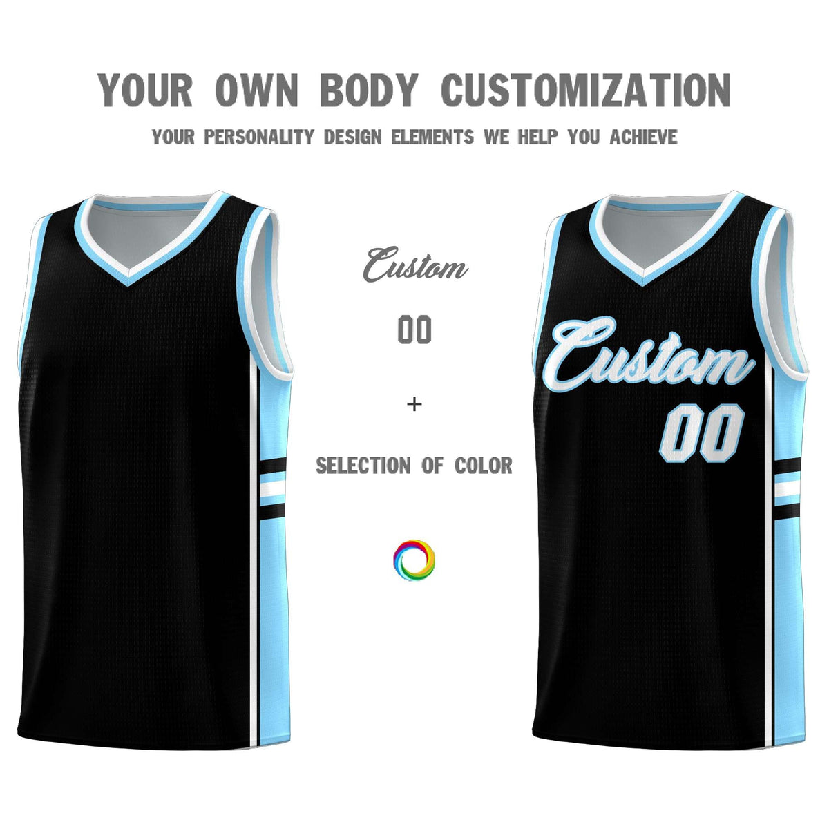 Custom Youth Basketball Jersey - Black Light Blue Two-Tone Classic Varsity Uniform