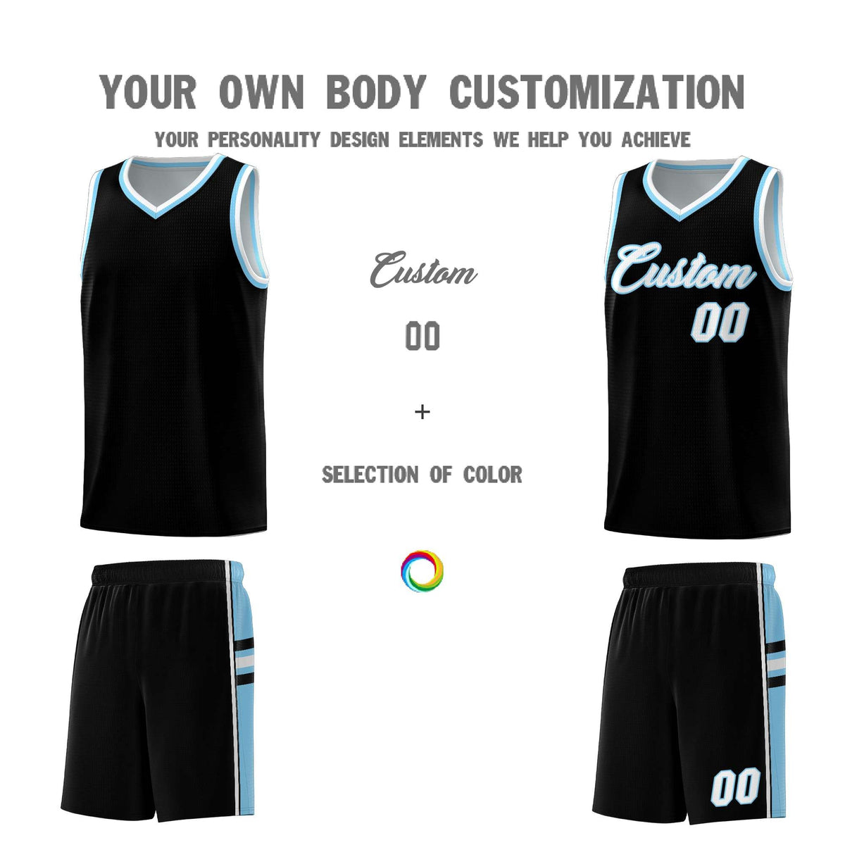 Custom Youth Basketball Jersey - Black Light Blue Two-Tone Classic Varsity Uniform