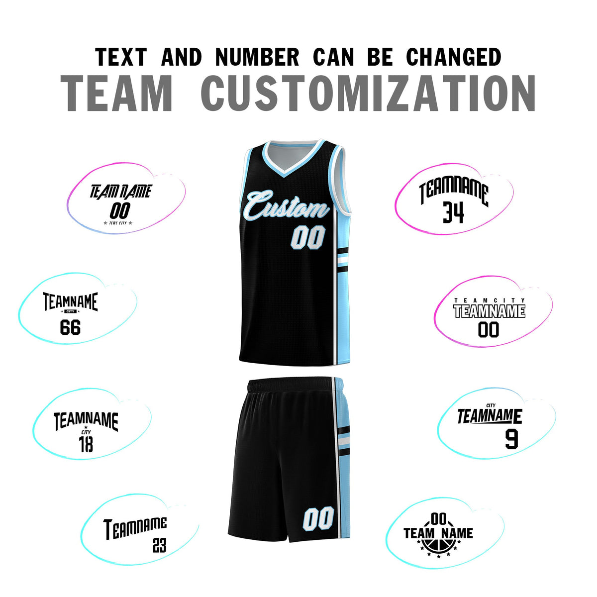 Custom Youth Basketball Jersey - Black Light Blue Two-Tone Classic Varsity Uniform