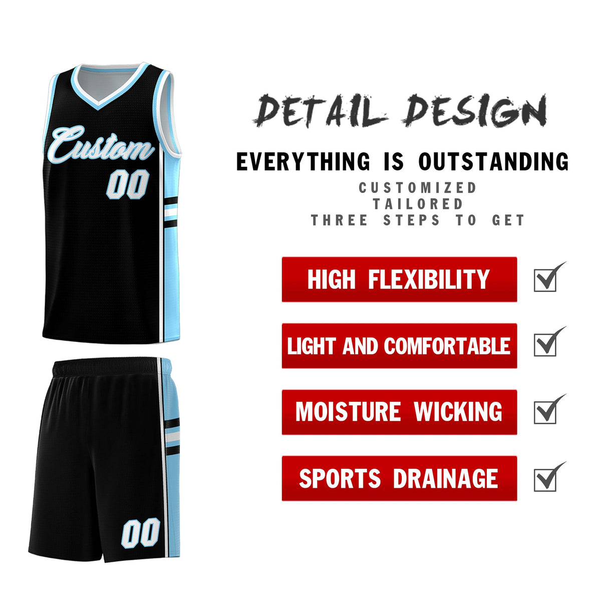 Custom Youth Basketball Jersey - Black Light Blue Two-Tone Classic Varsity Uniform
