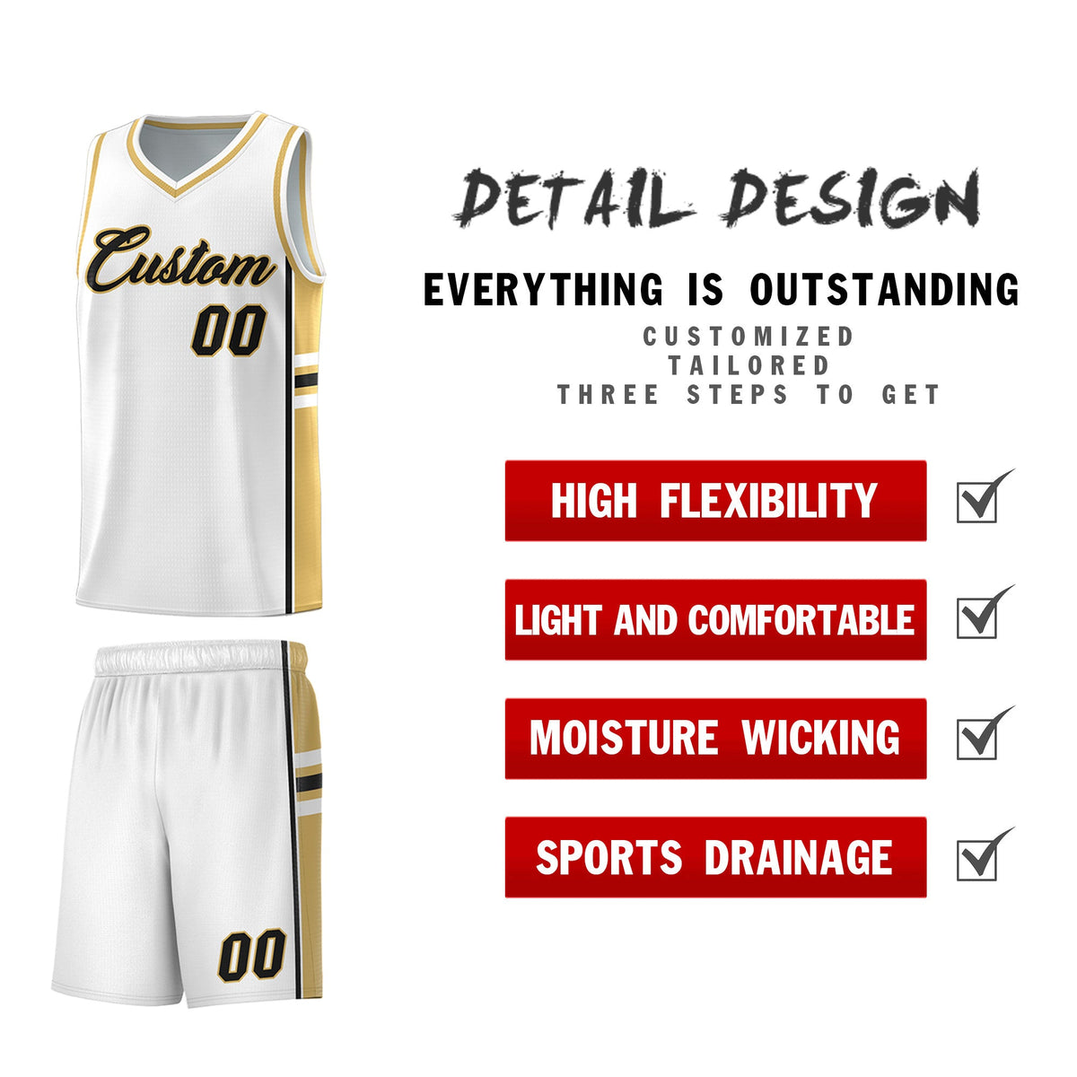 Custom Youth Basketball Jersey - White Old Gold Two-Tone Varsity Jersey Set