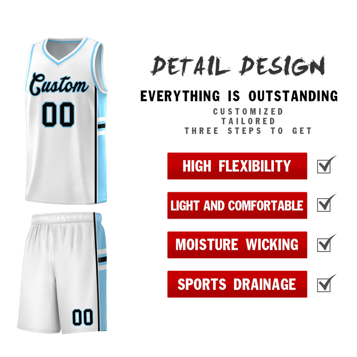 Custom Youth Basketball Jersey - White Light Blue Two-Tone Varsity Jersey Set