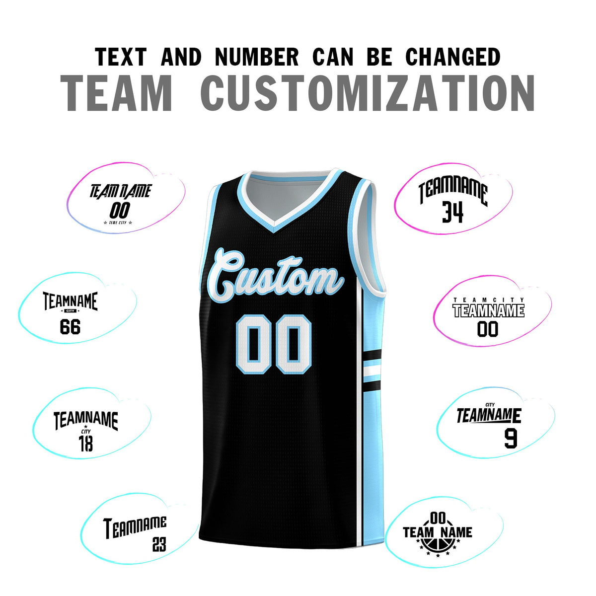 Custom Youth Basketball Jersey - Black Light Blue Two-Tone Classic Varsity Uniform