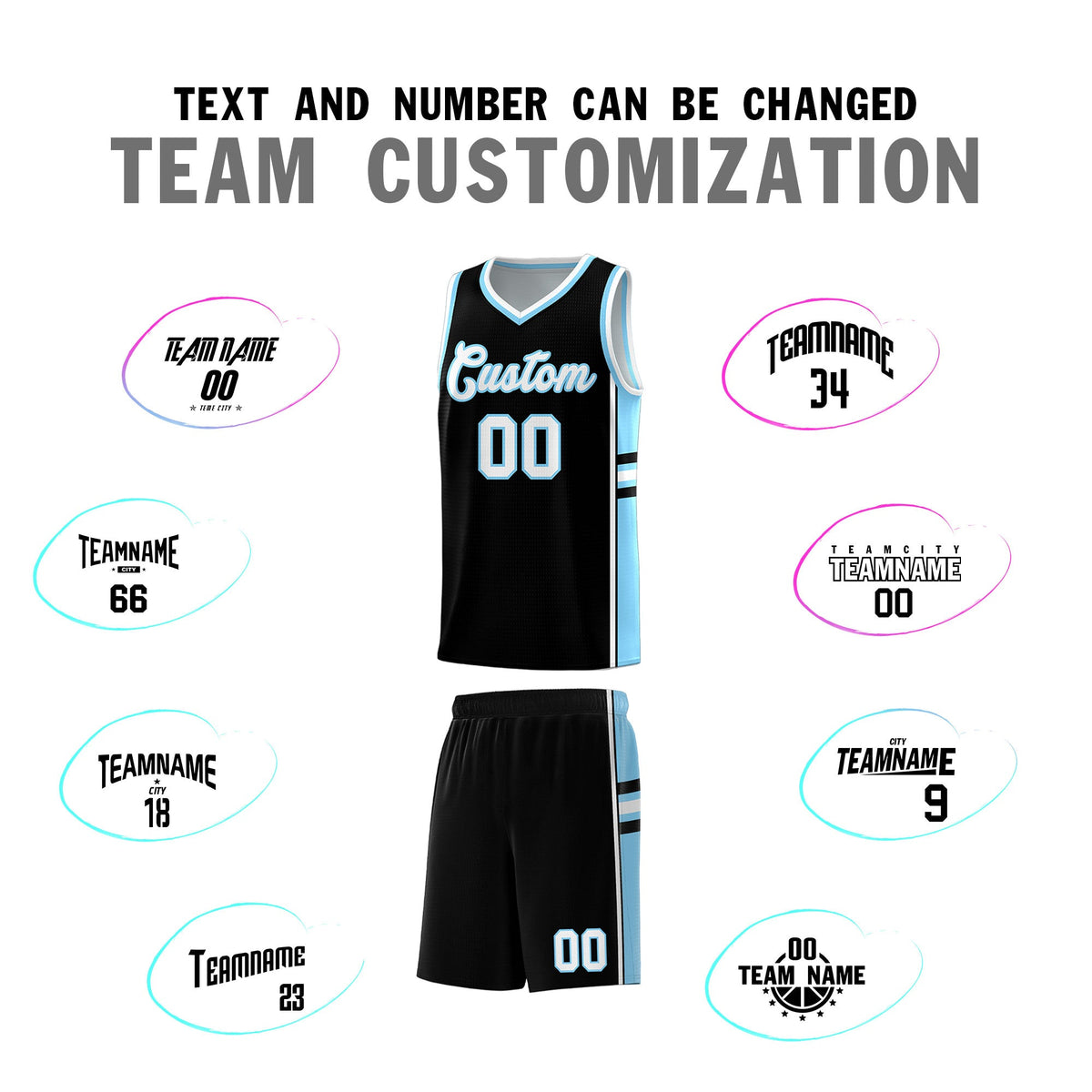 Custom Youth Basketball Jersey - Black Light Blue Two-Tone Classic Varsity Uniform