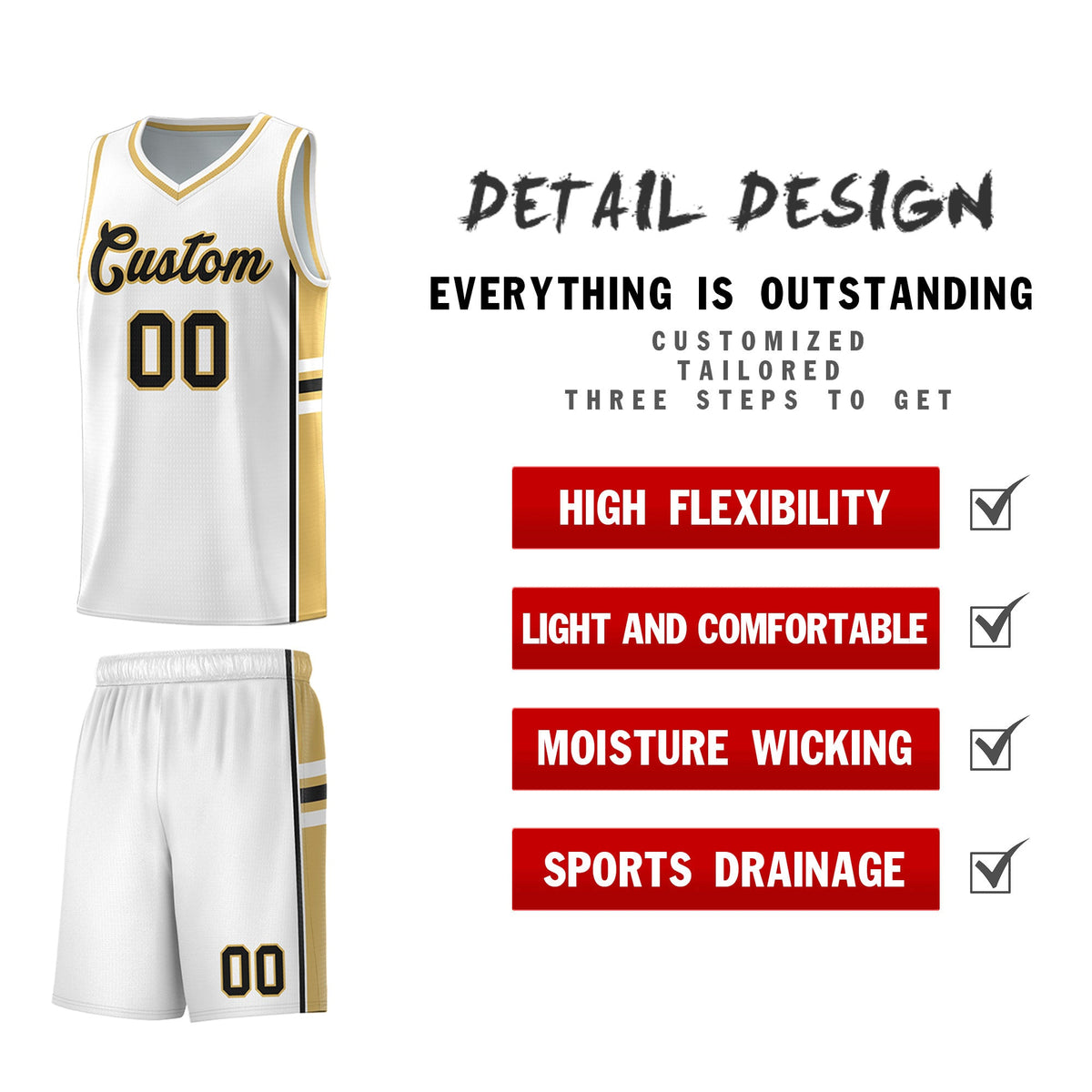 Custom Youth Basketball Jersey - White Old Gold Two-Tone Varsity Jersey Set