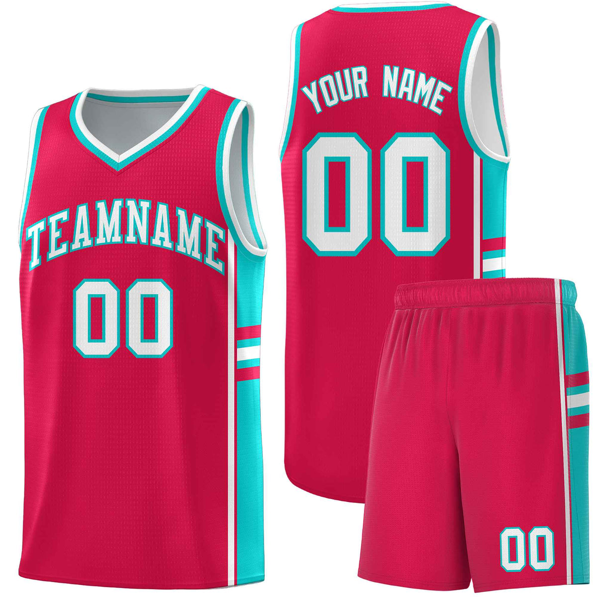 Custom Youth Basketball Jersey - Red Aqua Two-Tone Varsity Jersey Set