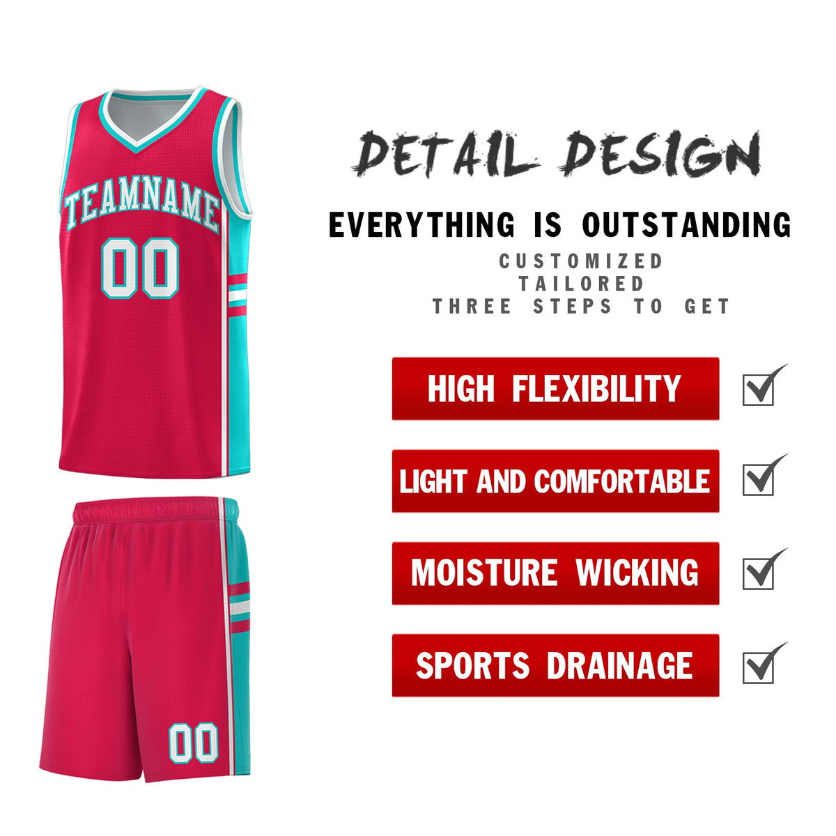 Custom Youth Basketball Jersey - Red Aqua Two-Tone Varsity Jersey Set