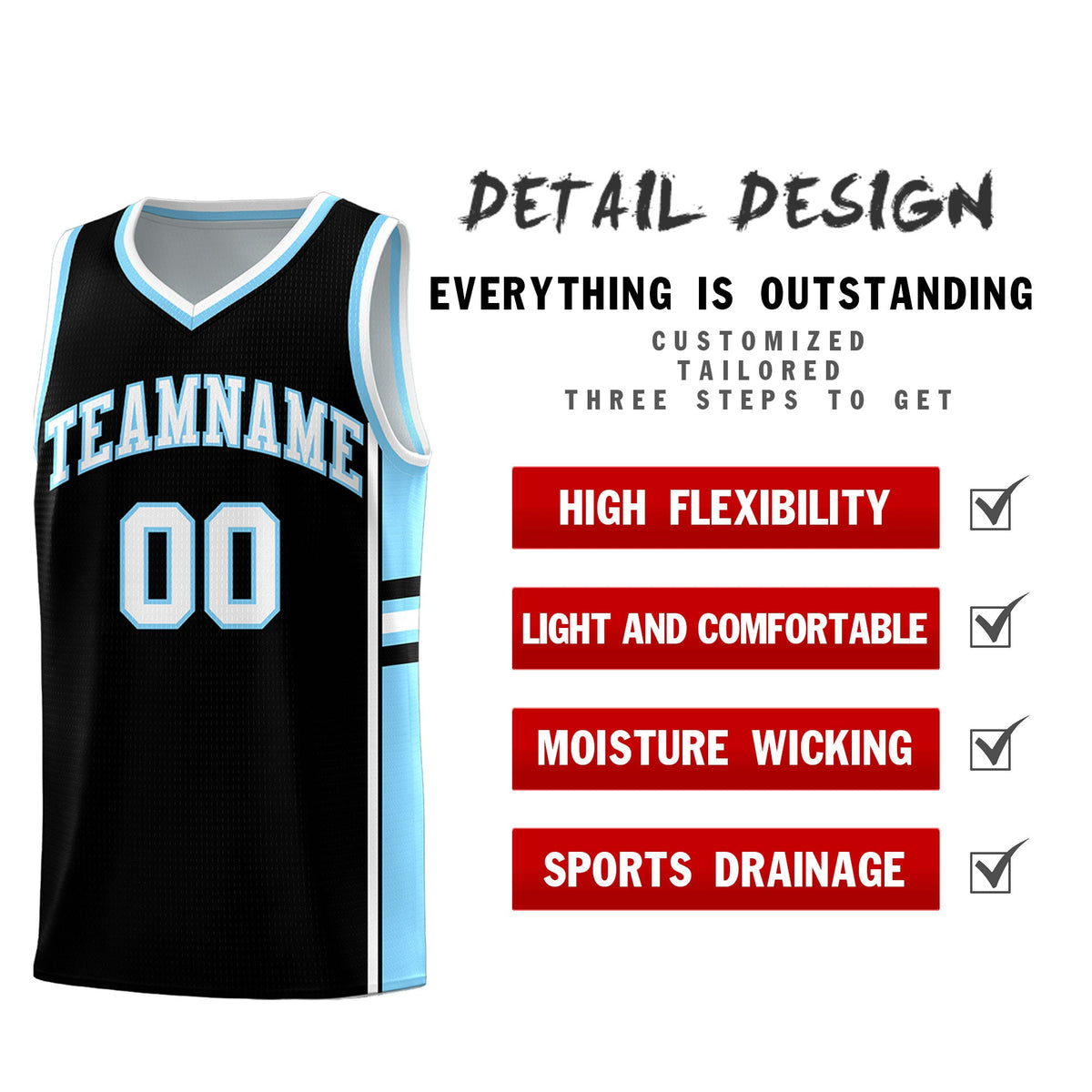 Custom Youth Basketball Jersey - Black Light Blue Two-Tone Classic Varsity Uniform
