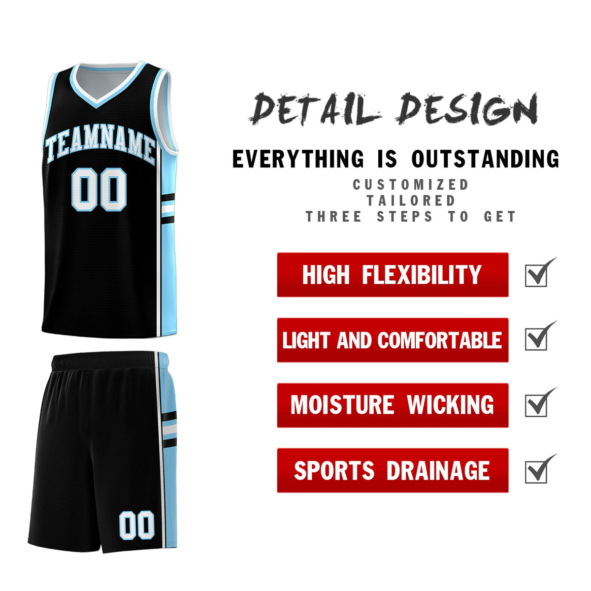 Custom Youth Basketball Jersey - Black Light Blue Two-Tone Classic Varsity Uniform