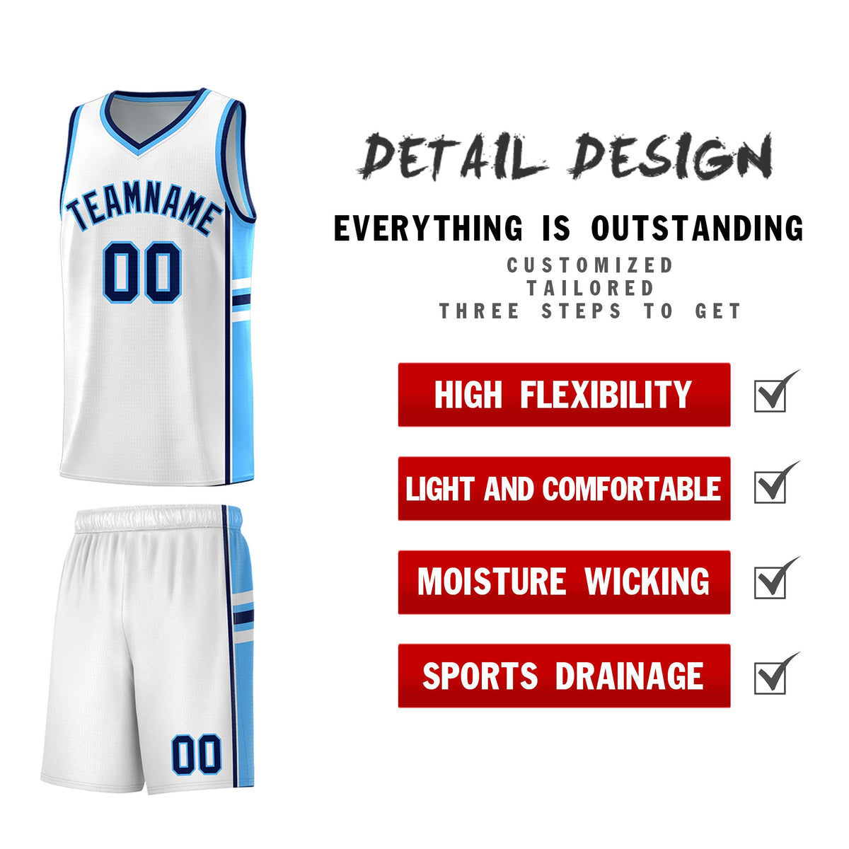Custom Youth Basketball Jersey - White Powder Blue Two-Tone Varsity Jersey Set