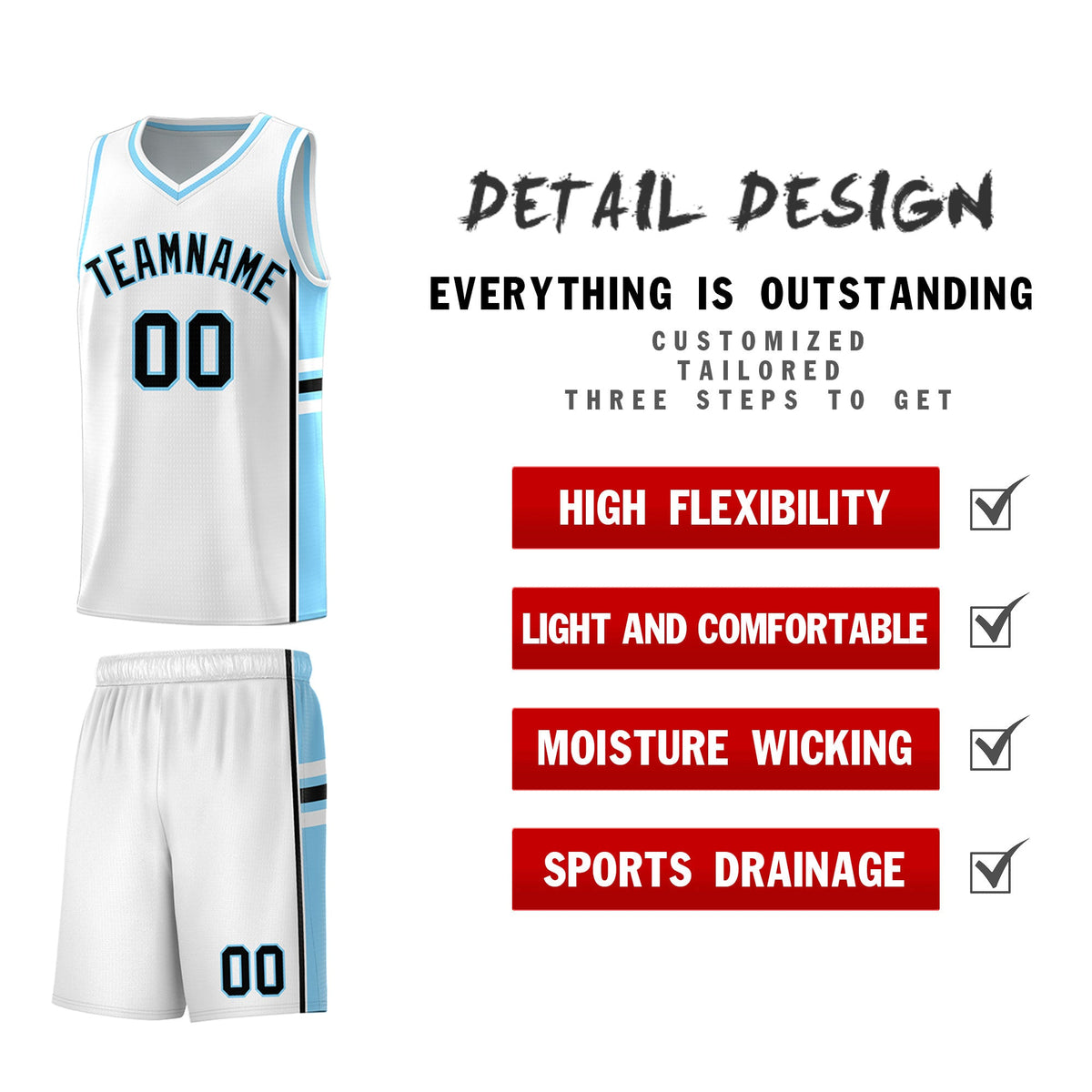 Custom Youth Basketball Jersey - White Light Blue Two-Tone Varsity Jersey Set