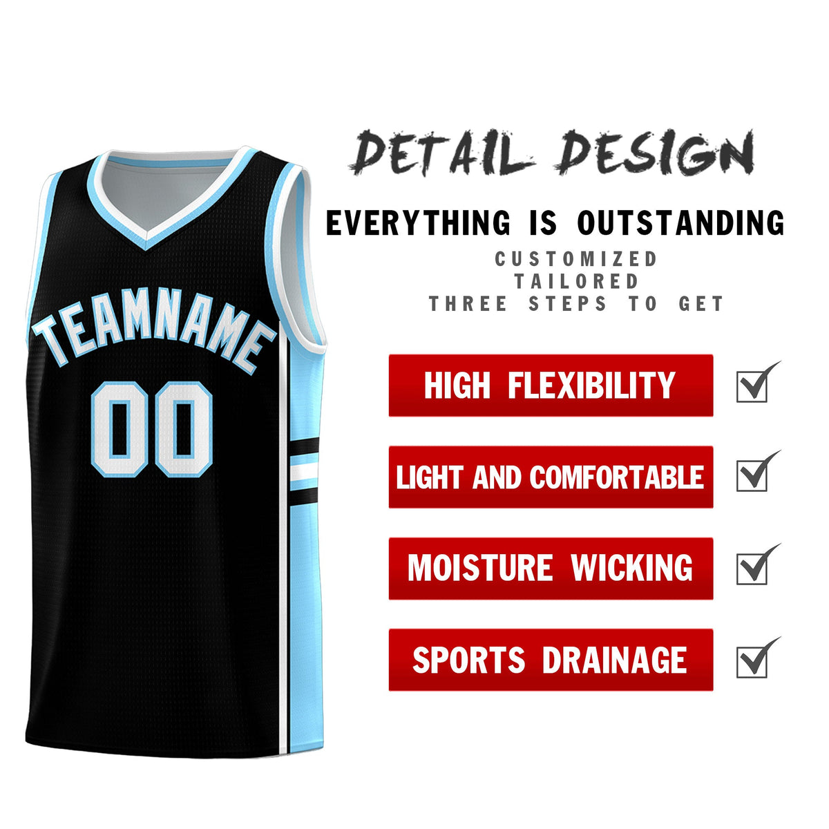 Custom Youth Basketball Jersey - Black Light Blue Two-Tone Classic Varsity Uniform