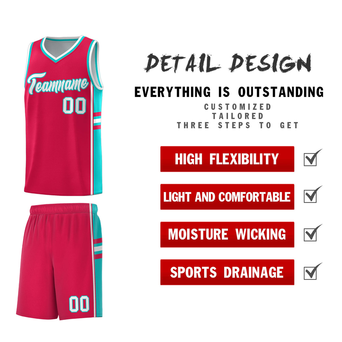 Custom Youth Basketball Jersey - Red Aqua Two-Tone Varsity Jersey Set