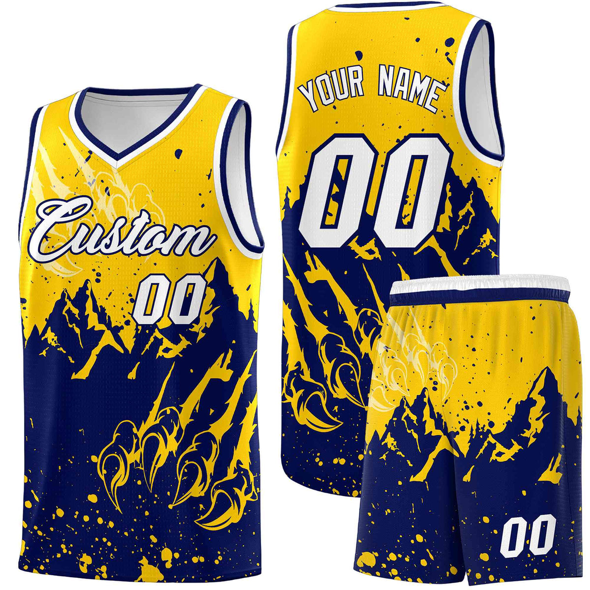 Custom Gold Navy Snow Mountain Beast Pattern Sports Uniform Basketball Jersey