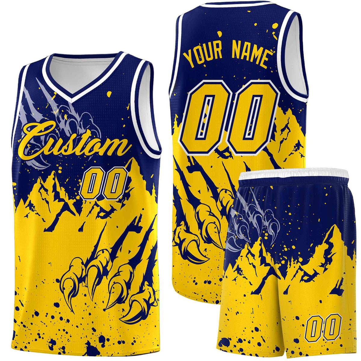 Custom Navy Gold Snow Mountain Beast Pattern Sports Uniform Basketball Jersey