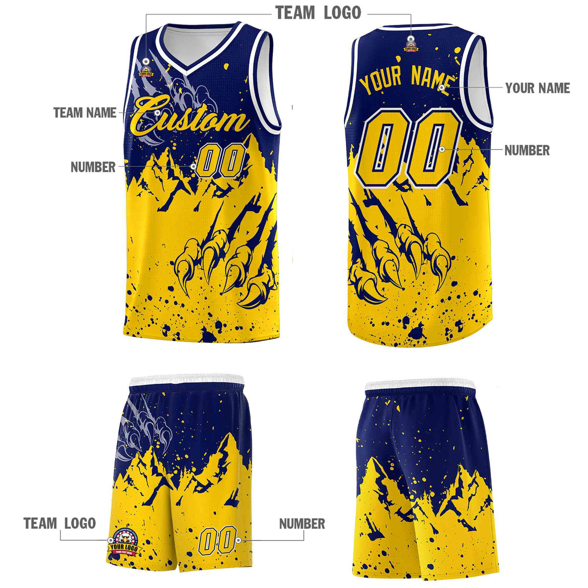 Custom Navy Gold Snow Mountain Beast Pattern Sports Uniform Basketball Jersey