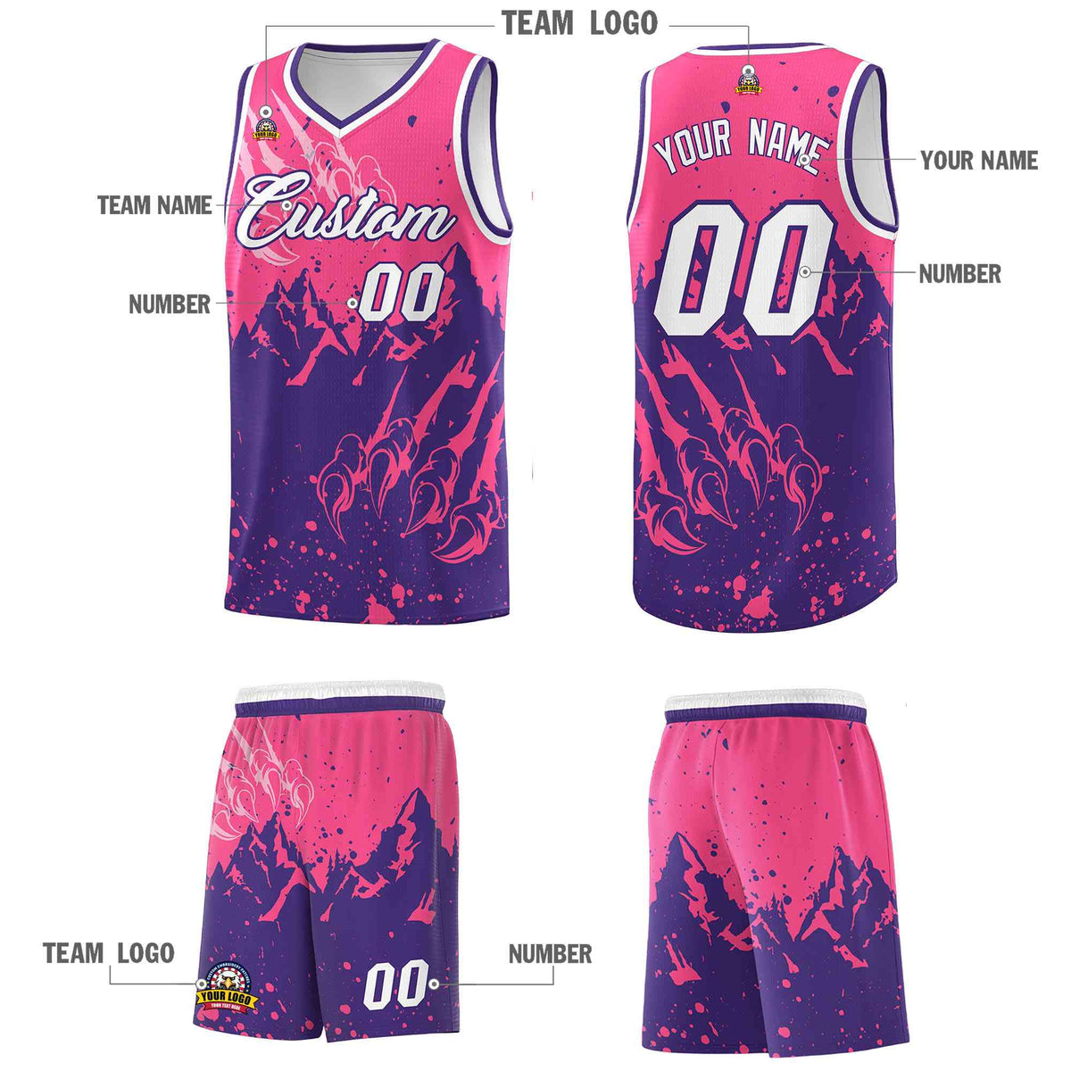 Custom Pink Purple Snow Mountain Beast Pattern Sports Uniform Basketball Jersey