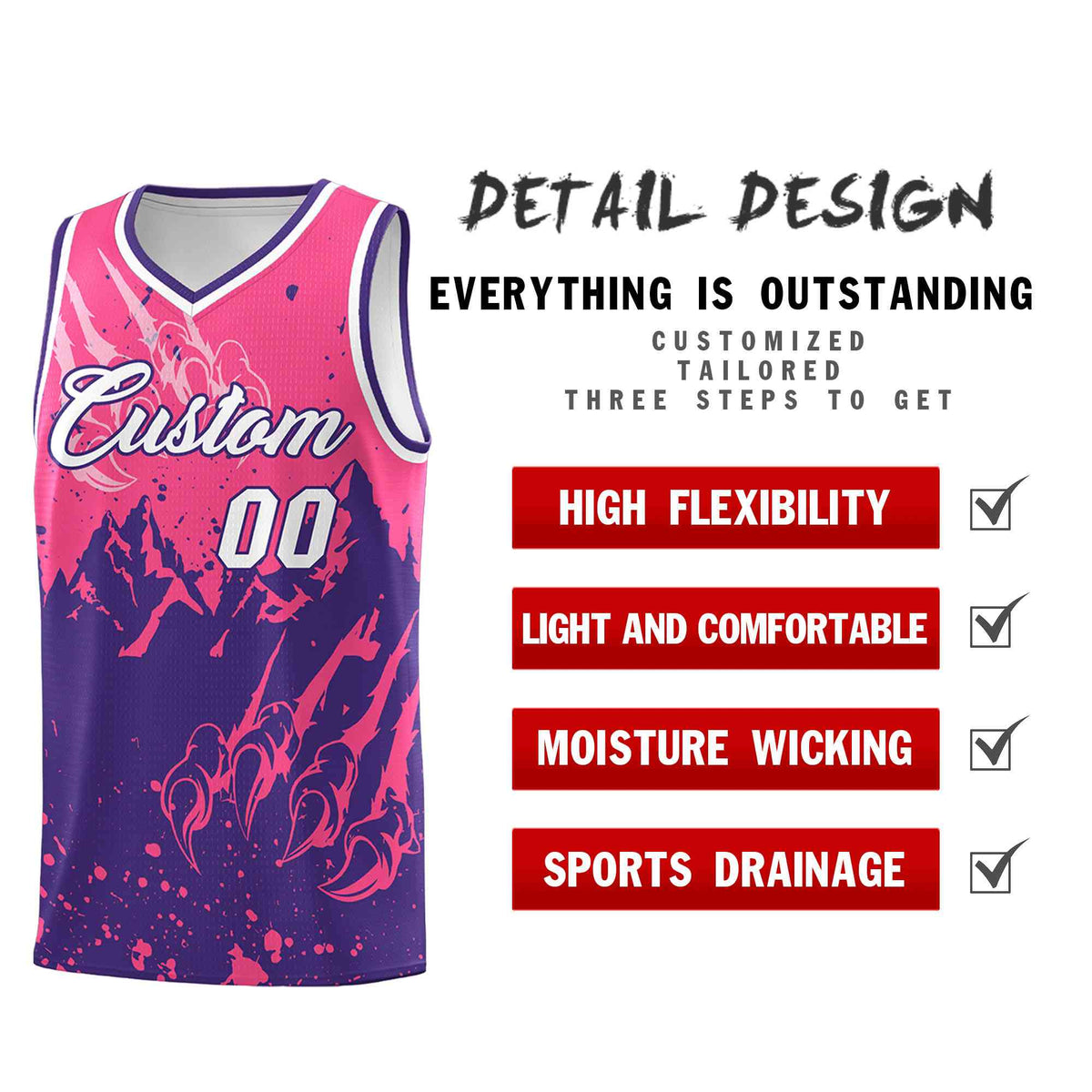 Custom Pink Purple Snow Mountain Beast Pattern Sports Uniform Basketball Jersey