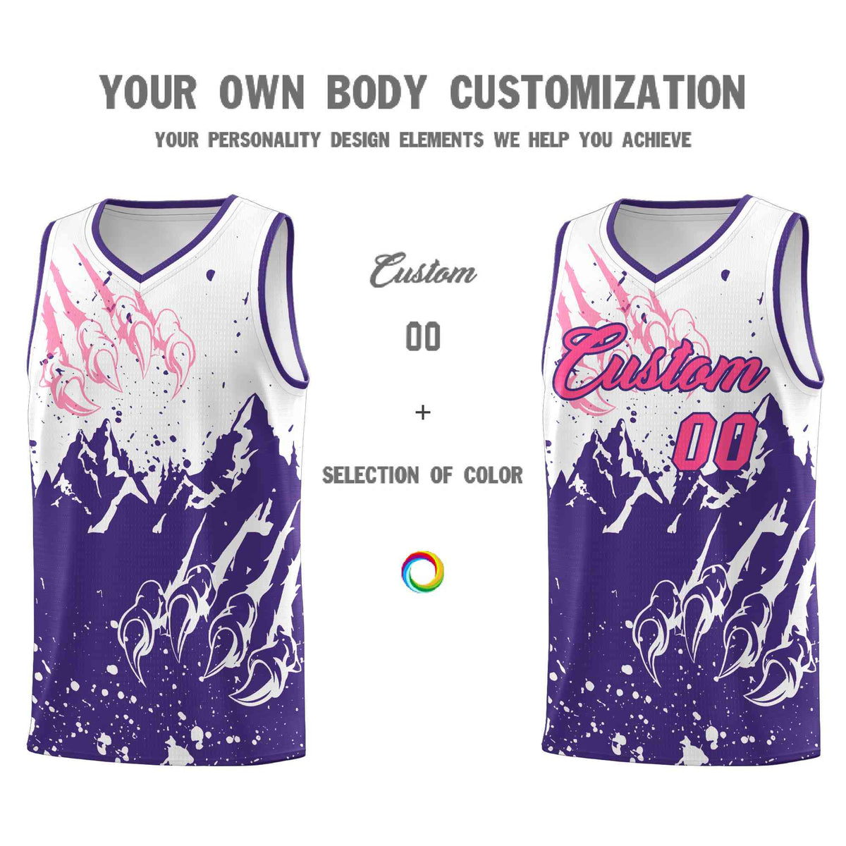 Custom White Purple Snow Mountain Beast Pattern Sports Uniform Basketball Jersey