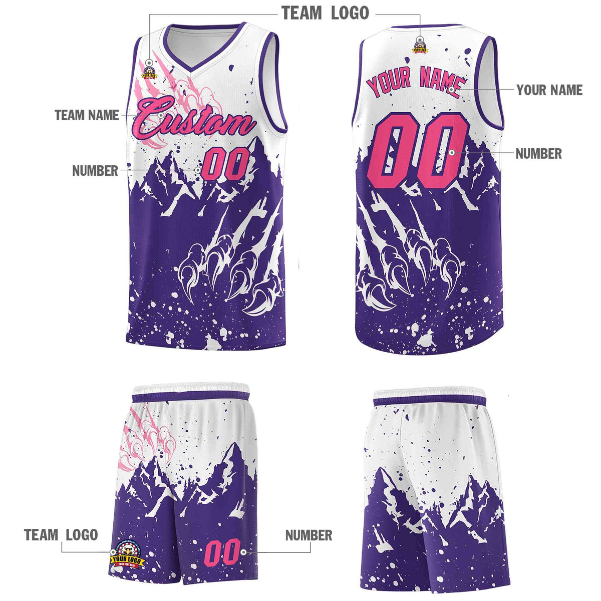 Custom White Purple Snow Mountain Beast Pattern Sports Uniform Basketball Jersey