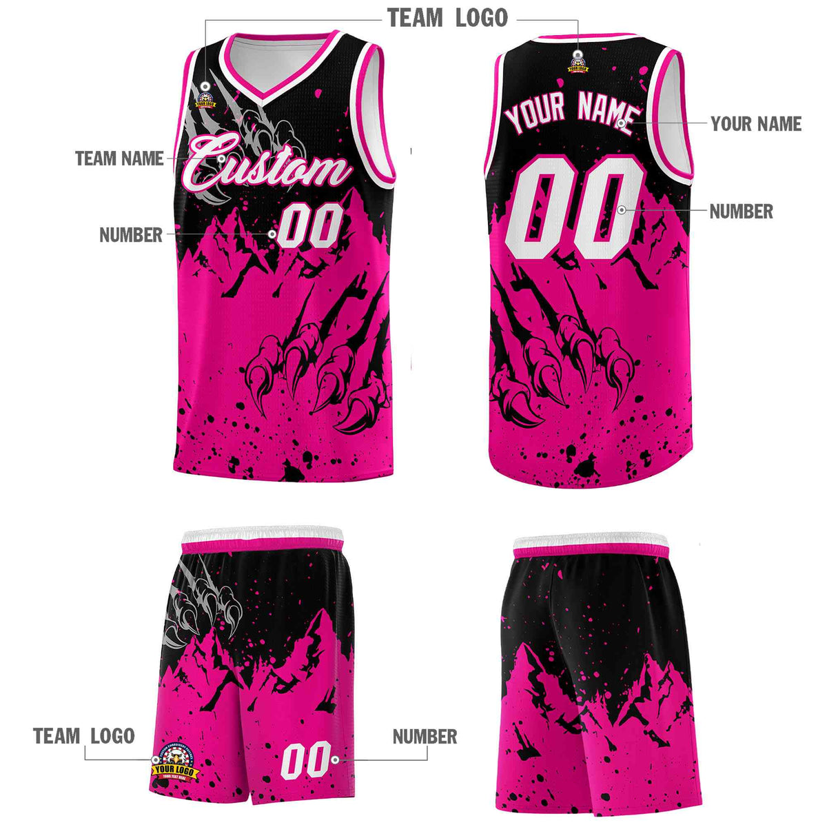 Custom Black Pink Snow Mountain Beast Pattern Sports Uniform Basketball Jersey