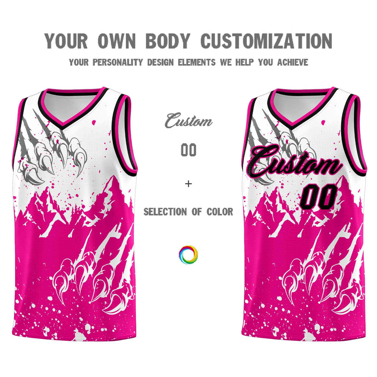 Custom White Pink Snow Mountain Beast Pattern Sports Uniform Basketball Jersey