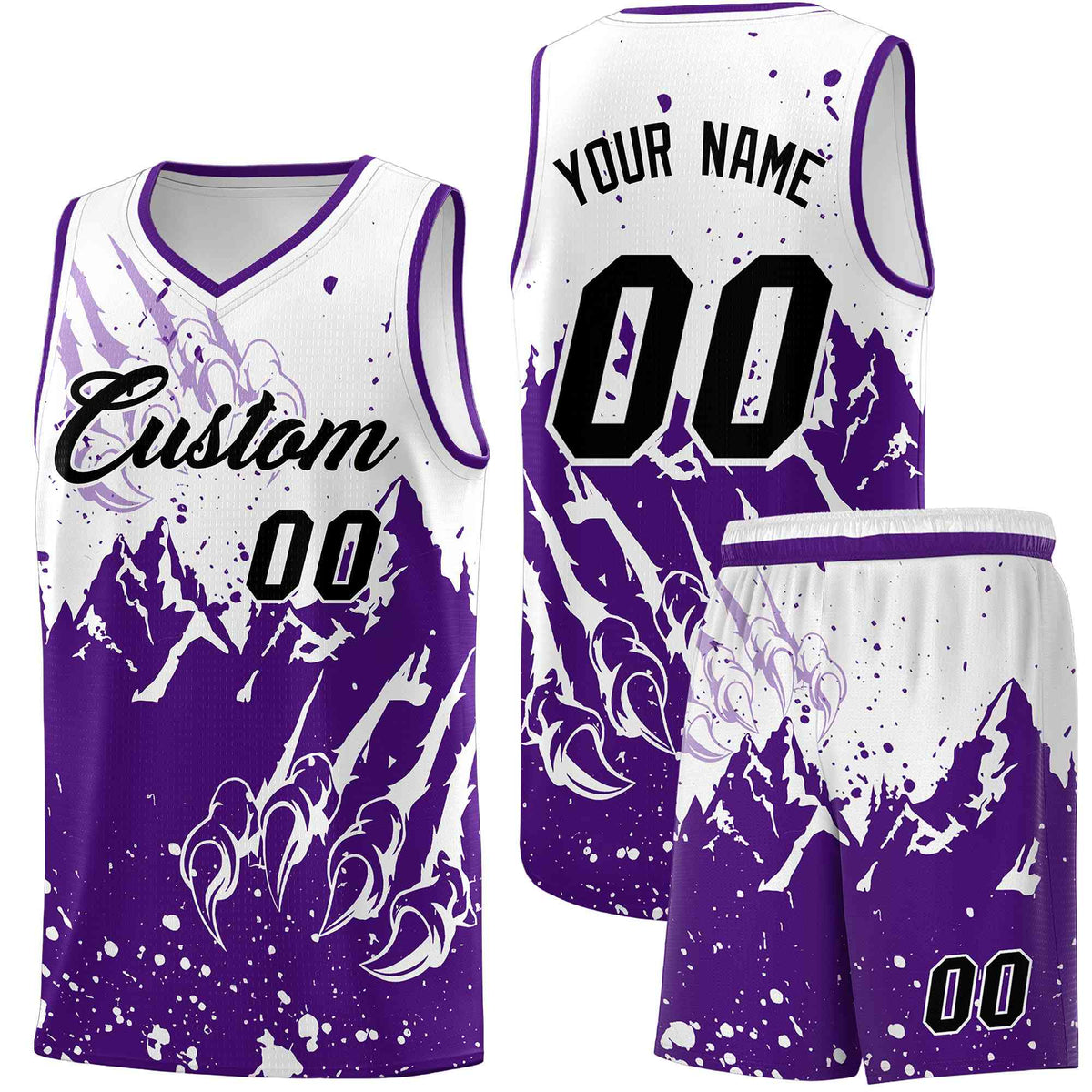 Custom White Purple Snow Mountain Beast Pattern Sports Uniform Basketball Jersey