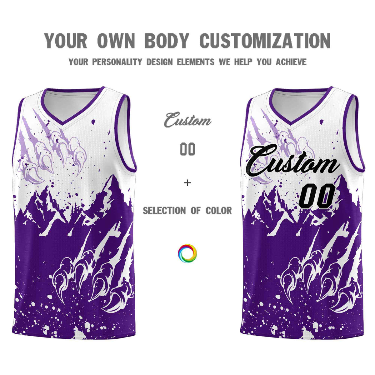 Custom White Purple Snow Mountain Beast Pattern Sports Uniform Basketball Jersey